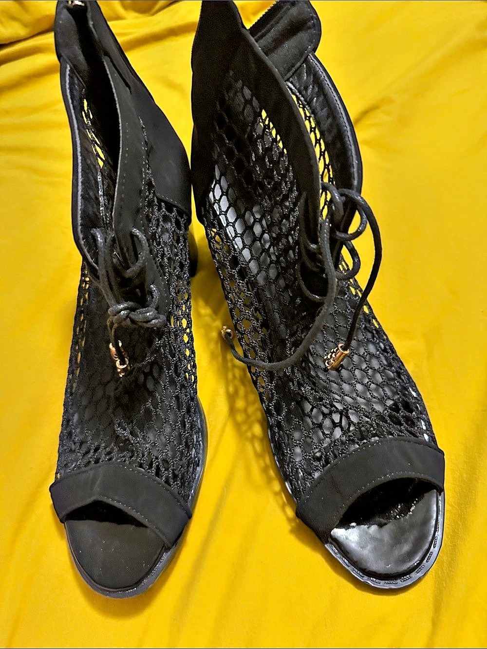 Black Open-Toe Mesh Heels Size US 11